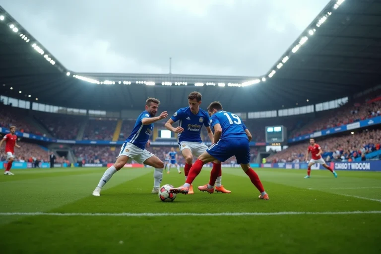 Match de football entre Lorient et Quimper dans un stade breton avec joueurs en duel aérien et supporters dans les tribunes