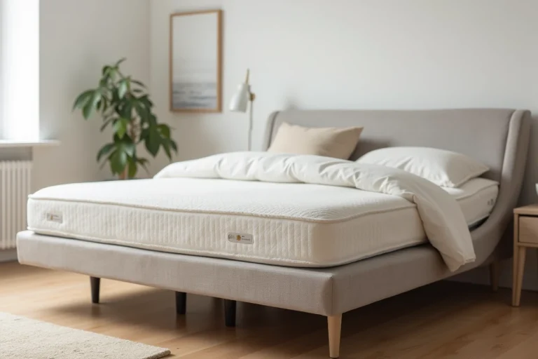 Matelas en latex épais posé sur un lit électrique articulé dans une chambre de style scandinave avec parquet en chêne clair et literie blanche