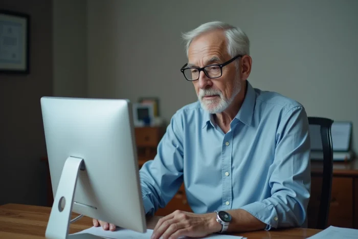 Médecin senior consultant les retours patients sur la plateforme Livi depuis son bureau à domicile