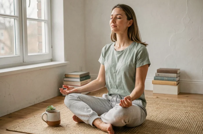 Femme en tenue décontractée pratiquant la méditation dans un salon minimaliste pour améliorer son bien-être quotidien