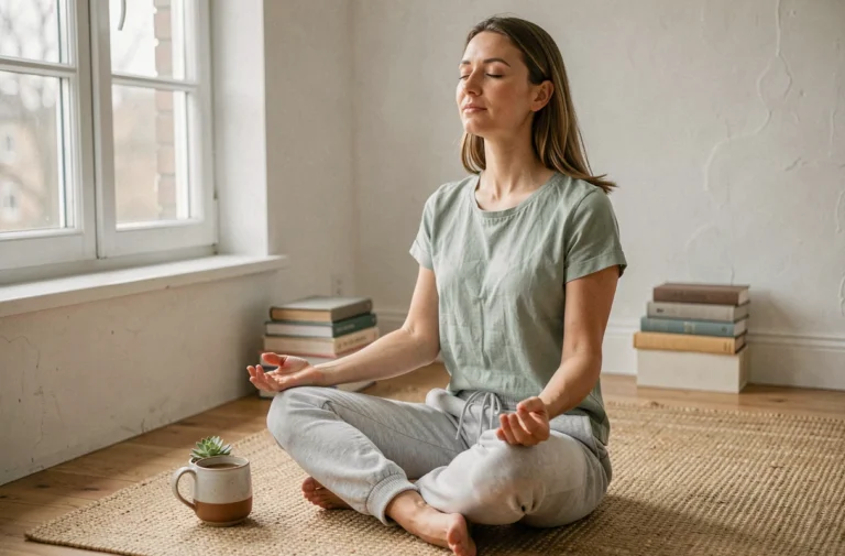 Femme en tenue décontractée pratiquant la méditation dans un salon minimaliste pour améliorer son bien-être quotidien