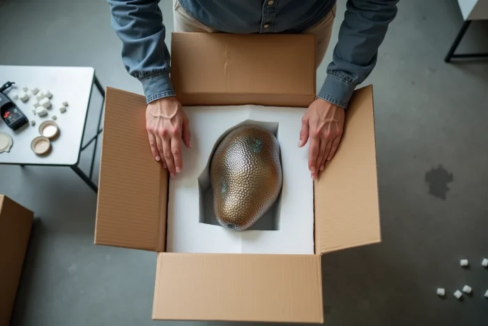Gros plan sur des mains plaçant une sculpture en bronze emballée dans une boîte d'expédition rembourrée avec de la mousse de protection