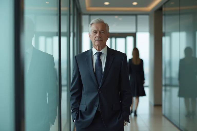 Homme d'affaires en costume sombre dans un hall d'entreprise moderne avec silhouette féminine floue en arrière-plan symbolisant le mystère et la discrétion