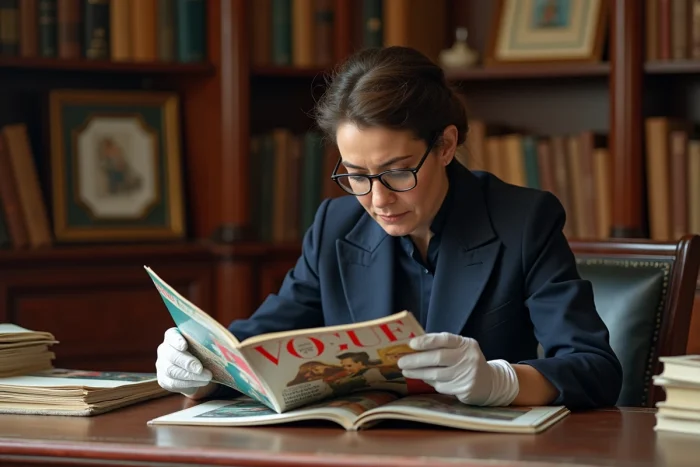 Femme experte examinant un numéro vintage collector de Vogue dans une bibliothèque privée