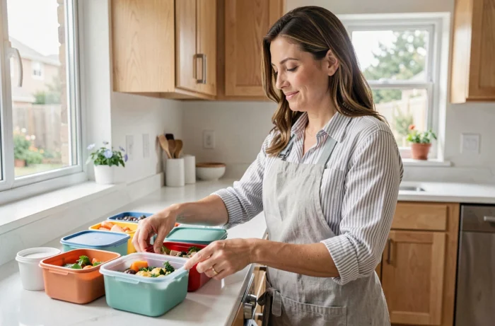 Femme organisant des repas préparés à l'avance dans des boîtes colorées dans une cuisine moderne, conseils pratiques pour les familles