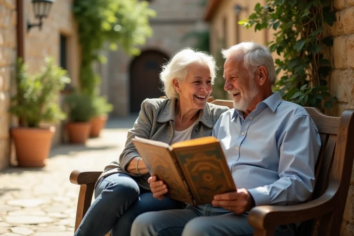 Couple de parents dans les années soixante tenant un vinyle ancien dans une cour méditerranéenne en pierre, symbolisant la transmission d'un héritage musical familial