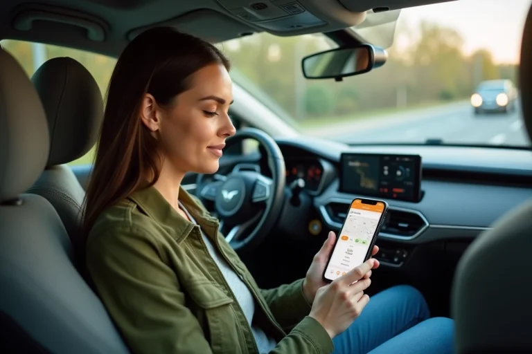 Passagère en covoiturage consultant les frais de service Blablacar sur son smartphone dans une voiture en mouvement