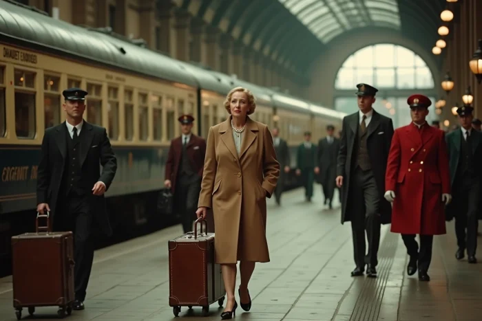 Foule de voyageurs élégants montant à bord de l'Orient-Express sur un quai de gare historique en Europe dans les années 1930