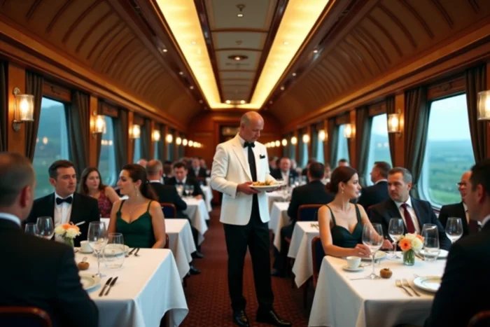 Passagers dînant dans le wagon-restaurant luxueux de l'Orient-Express lors d'un service du soir en tenue de soirée