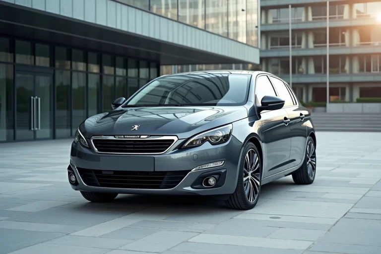 Peugeot 308 en teinte gris ardoise métallisé garée sur une place urbaine moderne