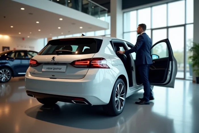 Peugeot 308 gris perle présentée dans un showroom automobile par un vendeur professionnel