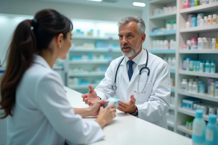 Pharmacien conseillant une cliente sur les précautions d'utilisation d'un traitement capillaire et ses effets secondaires potentiels