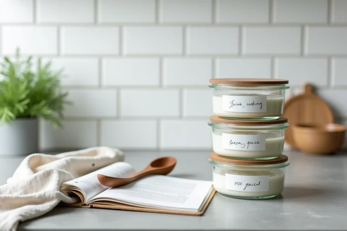 Vue du plan de travail avec des boîtes repas préparées en batch cooking, un guide PDF annoté et des herbes fraîches en cuisine