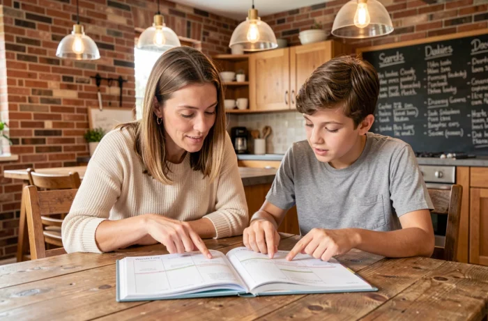Mère et adolescente planifiant la semaine familiale ensemble autour d'un agenda papier dans une cuisine conviviale, conseils organisation quotidienne famille