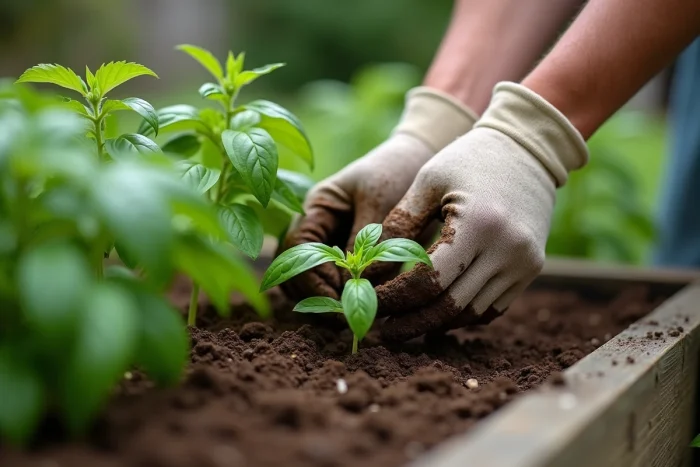 Mains de jardinier plantant des haricots verts à côté de plants de basilic dans un carré potager surélevé