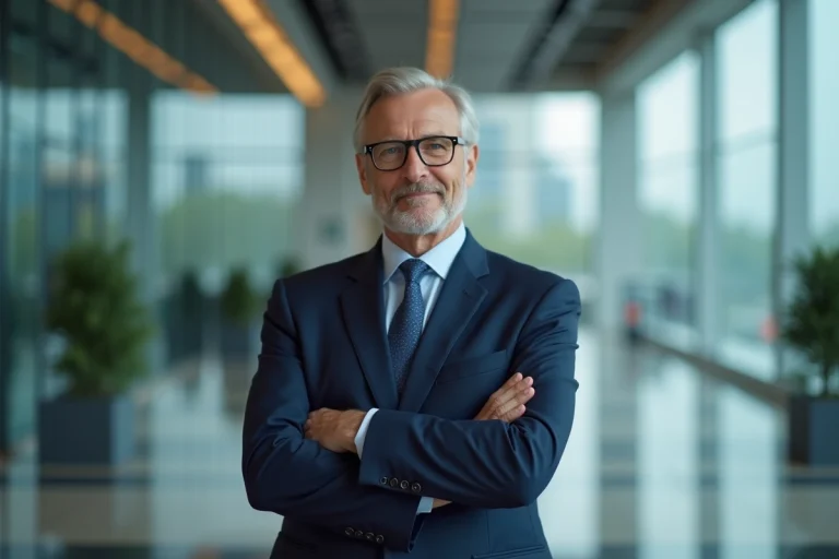 Portrait d'un dirigeant d'entreprise en costume bleu marine dans un hall d'entreprise moderne, illustrant un article sur Guillaume Faury et sa vie personnelle