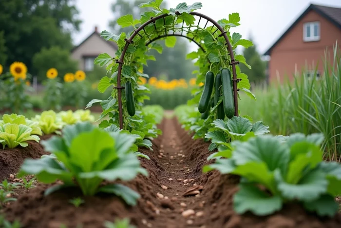 Jardin potager surélevé avec des concombres sur une arche métallique entourés de laitues, radis et tournesols dans un arrangement de compagnonnage classique