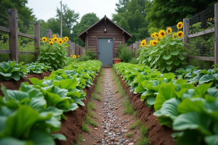 Potager organisé avec des rangées de haricots verts intercalées de tournesols et de laitues en pleine croissance