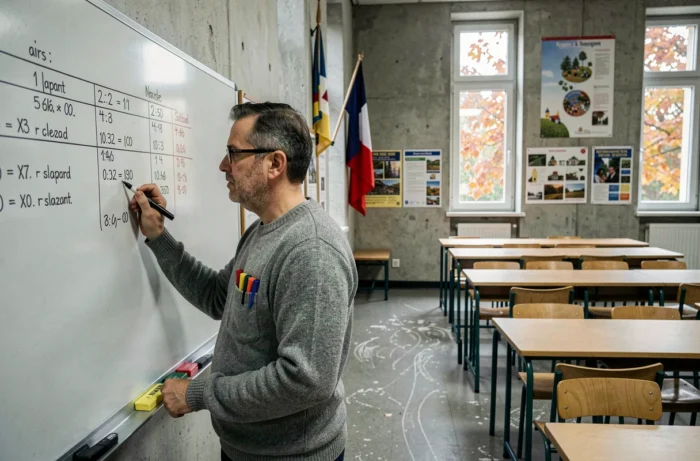 Professeur écrivant le planning annuel scolaire 2026 au tableau blanc dans une salle de classe de collège à Grenoble