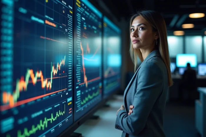 Une professionnelle de la finance analyse des graphiques boursiers sur un grand écran de trading pour évaluer les risques avant un investissement en actions