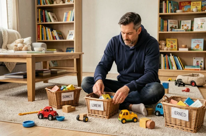 Père rangeant des jouets dans des paniers en osier étiquetés dans un salon familial confortable, astuces pratiques pour simplifier la vie de famille