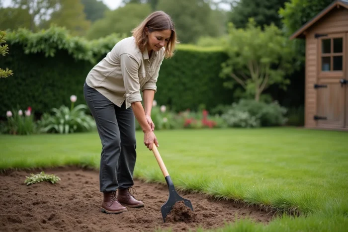 Femme utilisant un râteau pour incorporer des graines de gazon dans le sol préparé du jardin