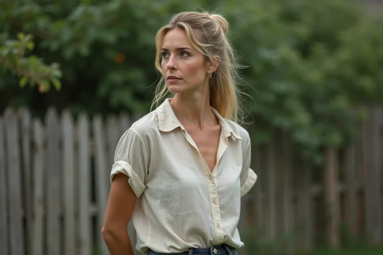 Femme blonde discrète et élégante se tenant à l'extérieur près d'une clôture en bois, évoquant la personnalité réservée de Rebecca Soteros, mère de Meadow Walker