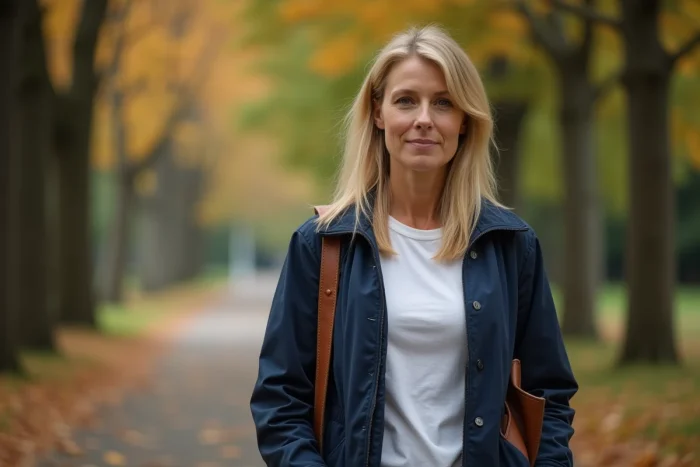 Femme blonde marchant seule dans un parc en automne avec un sac en cuir, illustrant la personnalité indépendante et discrète de Rebecca Soteros