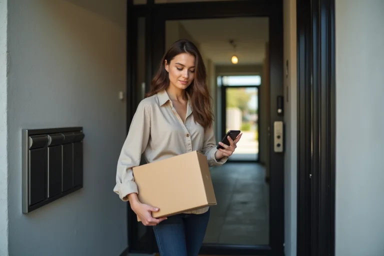 Jeune femme recevant un colis Asos devant la porte d'un immeuble urbain, consultant son téléphone pour suivre sa livraison