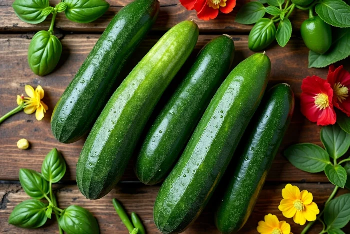 Vue aérienne de concombres fraîchement récoltés avec des herbes compagnes comme le basilic et la capucine sur une table en bois de jardin rustique