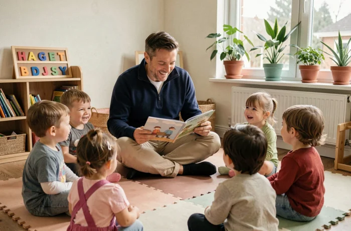 Homme en reconversion professionnelle lisant un livre illustré à un groupe de tout-petits assis en cercle dans un coin lecture de crèche