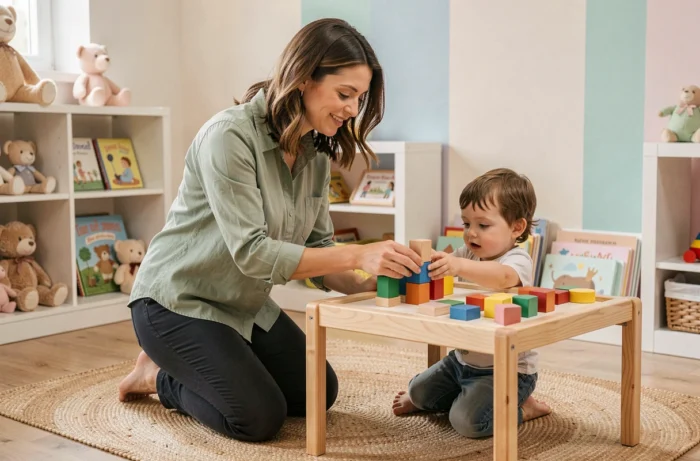 Femme reconvertie dans la petite enfance guidant un enfant en bas âge dans une activité d'éveil avec des cubes en bois dans une salle de crèche colorée