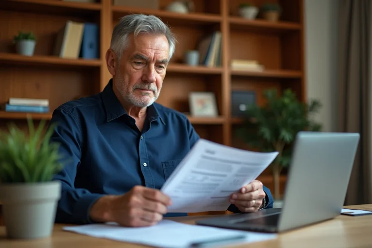 Homme de 55 ans consultant des documents sur le retrait du CPF à sa table de travail à domicile
