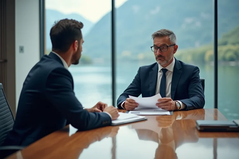 Réunion entre un chef d'entreprise et un conseiller spécialisé dans la cession d'entreprise à Annecy avec vue sur le lac