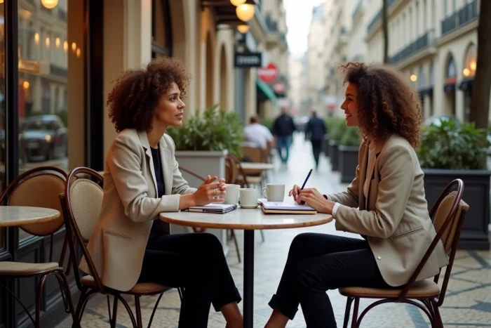 Deux femmes entrepreneures en réunion informelle dans un café parisien, échangeant des idées professionnelles