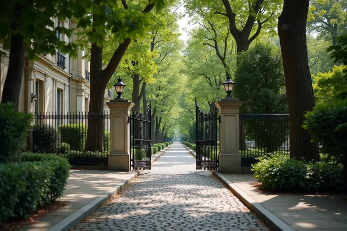 Rue résidentielle française paisible avec portail en fer forgé et façades en pierre calcaire, évoquant la vie privée discrète d'un couple de dirigeants