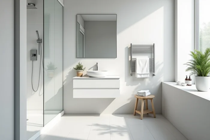 Salle de bain contemporaine équipée avec douche à l'italienne, meuble vasque suspendu et porte-serviettes chauffant