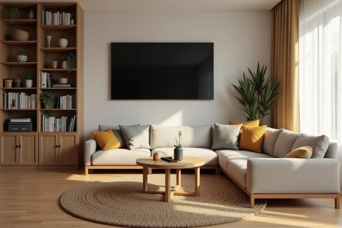 Salon fonctionnel et confortable avec télévision murale, bibliothèque intégrée et canapé en tissu beige