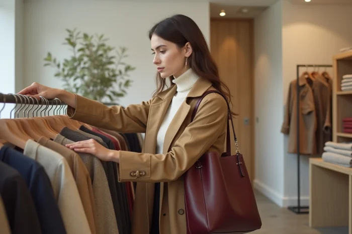 Jeune femme élégante feuilletant une sélection de vêtements tendance dans une boutique de mode minimaliste aux tons naturels