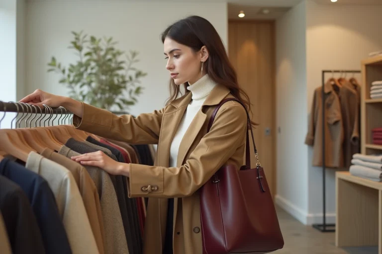 Jeune femme élégante feuilletant une sélection de vêtements tendance dans une boutique de mode minimaliste aux tons naturels