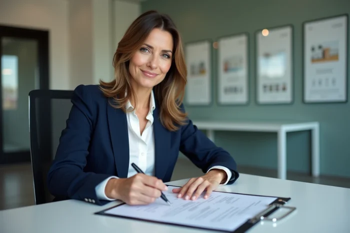 Femme signant un contrat immobilier avec un agent lors d'une réunion dans une agence professionnelle