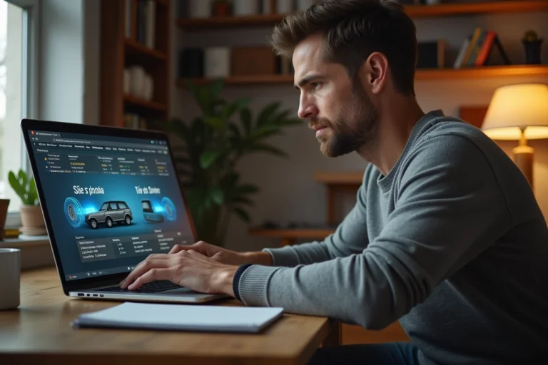 Homme utilisant un simulateur de dimension de pneus en ligne sur un ordinateur portable dans un bureau à domicile