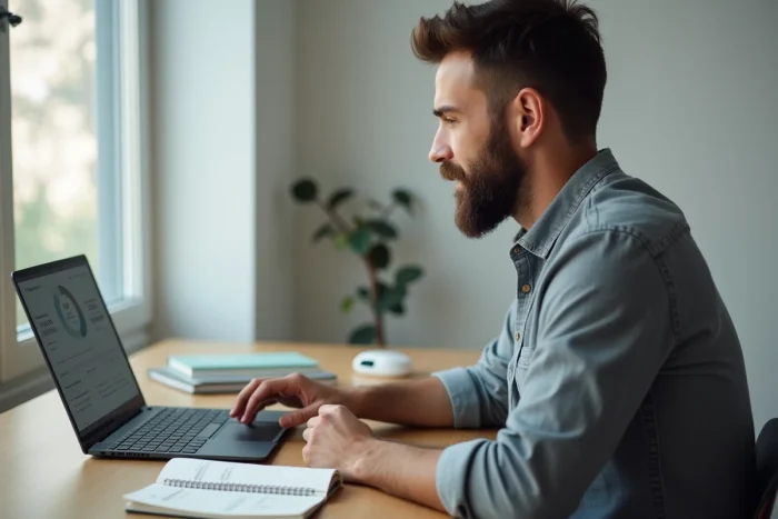 Homme consultant un simulateur de crédit en ligne sur son ordinateur dans un bureau à domicile