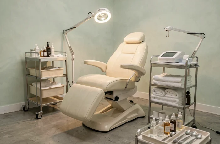 Station de soins esthétiques entièrement équipée avec fauteuil hydraulique et matériel professionnel dans un institut haut de gamme