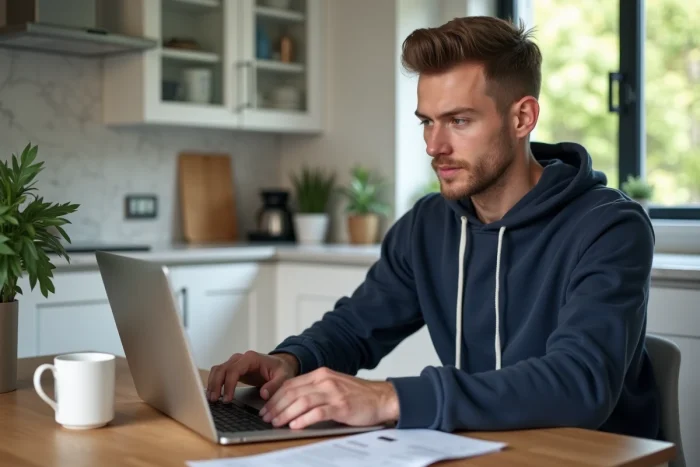 Homme consultant le suivi de commande Asos sur son ordinateur portable dans une cuisine moderne scandinave