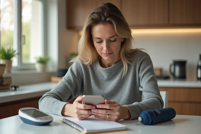 Femme utilisant une application de suivi de santé sur smartphone à domicile avec un tensiomètre posé sur la table