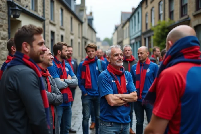 Supporters de Lorient et Quimper rassemblés dans une rue bretonne en pierre avant le match de football