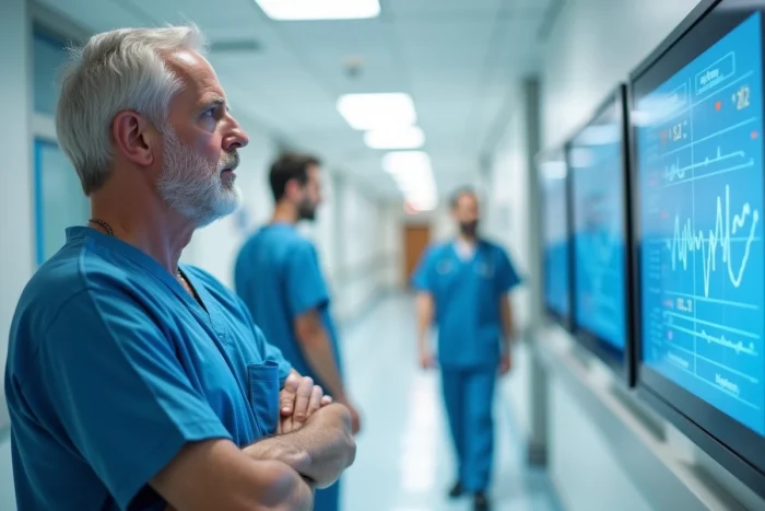 Infirmier analysant des données de surveillance médicale sur un écran numérique dans un couloir d'hôpital moderne