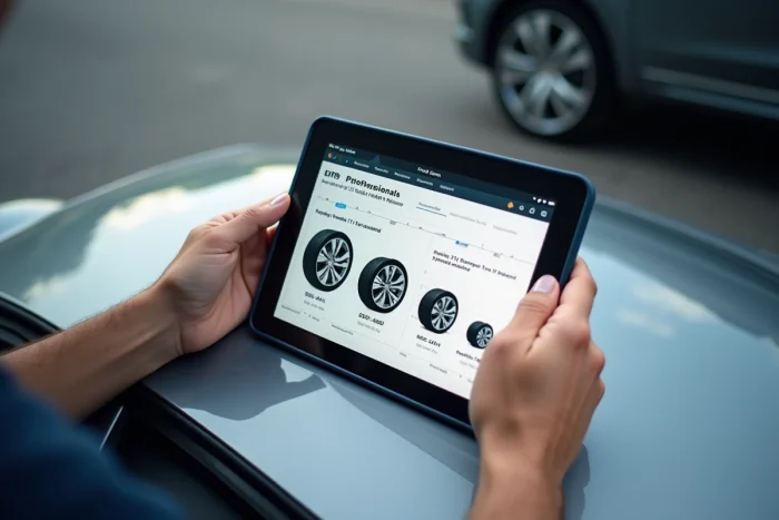 Tablette affichant un simulateur de dimensions de pneus posée sur le capot d'une voiture avec comparatif de tailles