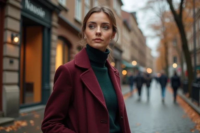 Femme en manteau bordeaux et pull col roulé vert forêt dans une rue pavée d'automne, tendances couleurs automne-hiver 2025